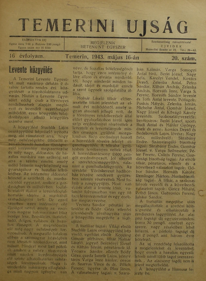 Temerini Újság 1928-1944, 16. évf. 1943. május 16. 20. sz.