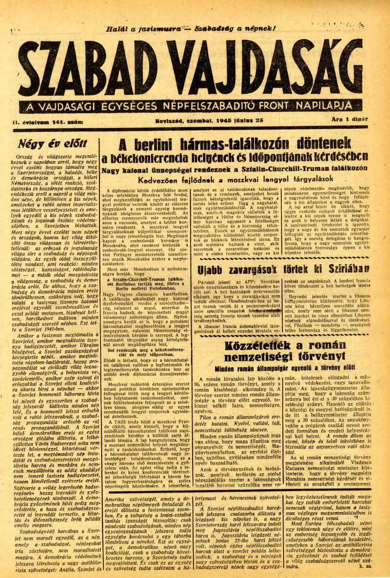 Szabad Vajdaság, 2. évf. 1945. június 23. 141. sz.