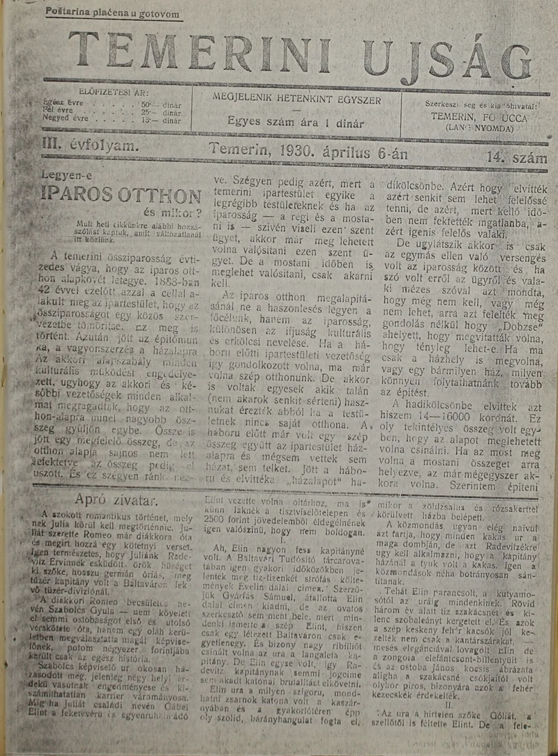 Temerini Újság 1928-1944, 3. évf. 1930. április 6. 14. sz.