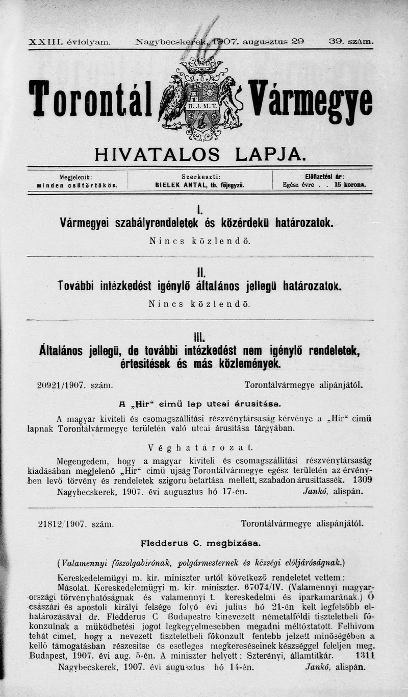 Torontál Vármegye Hivatalos Lapja, 23. évf. 1907. augusztus 29. 39. sz.