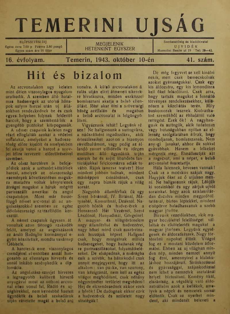 Temerini Újság 1928-1944, 16. évf. 1943. október 10. 41. sz.