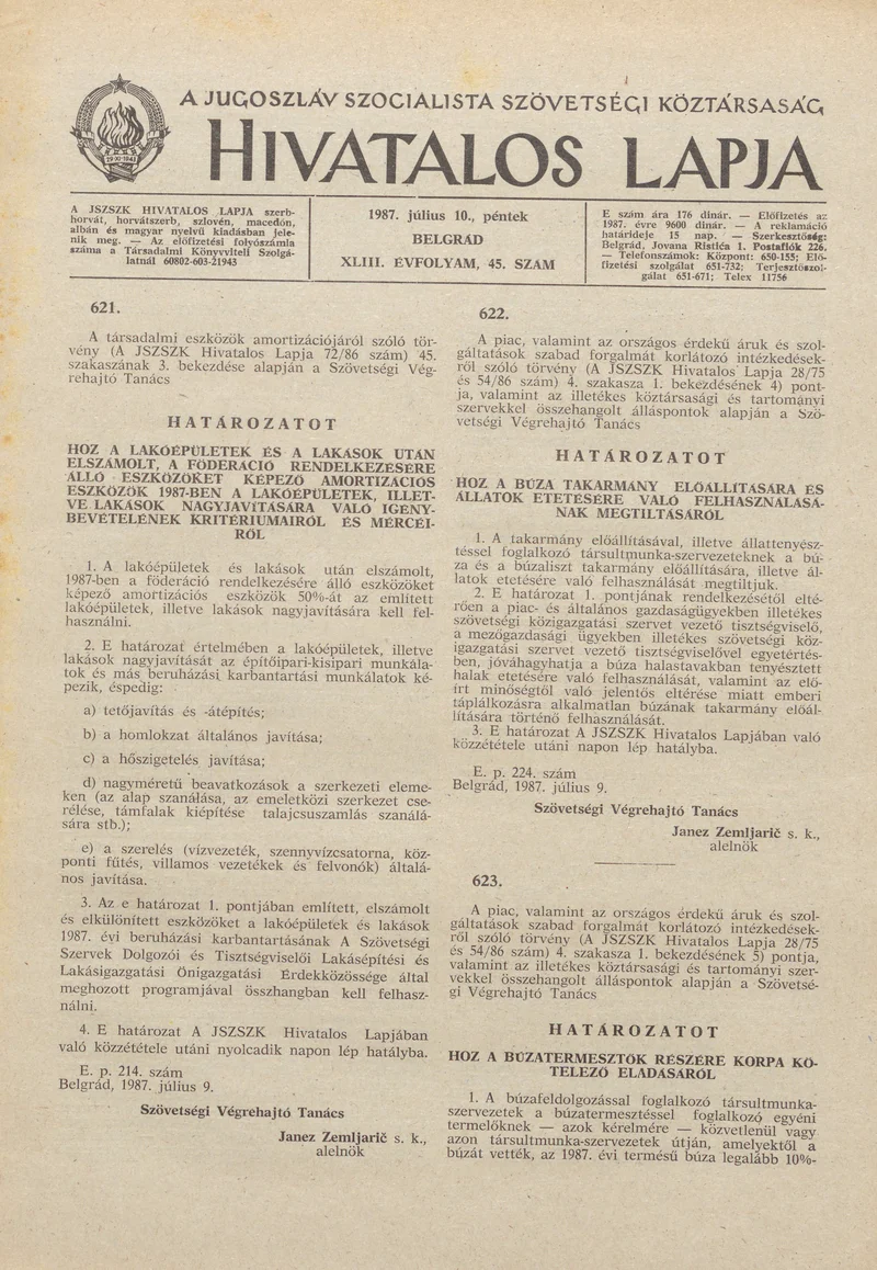 A Jugoszláv Szocialista Szövetségi Köztársaság Hivatalos Lapja, 43. évf. 1987. július 10. 45. sz. 1113–1128. oldal