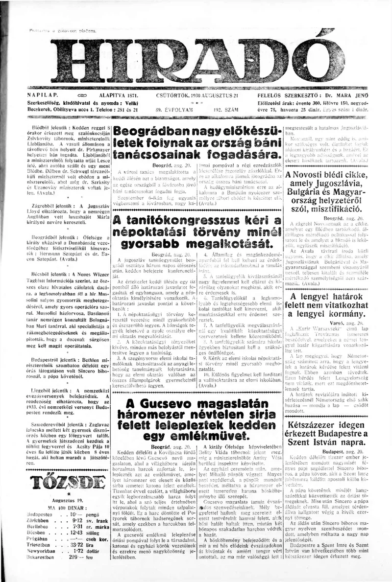 Híradó, 59. évf. 1930. augusztus 21. 192. sz.