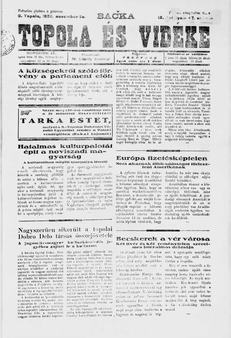 Bačka Topola és Vidéke, 9. évf. 1932. november 20. 47. sz.