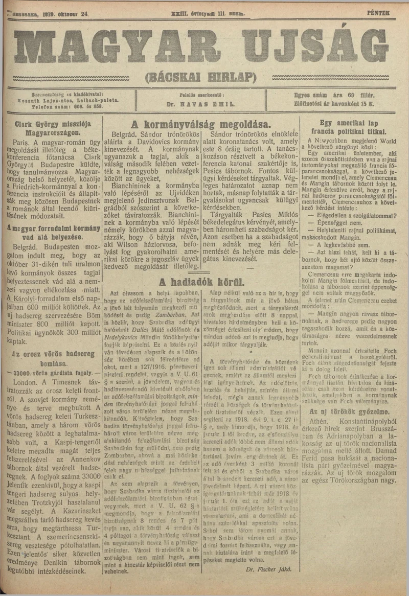 Bácskai Hirlap, 23. évf. 1919. október 24. 111. sz.