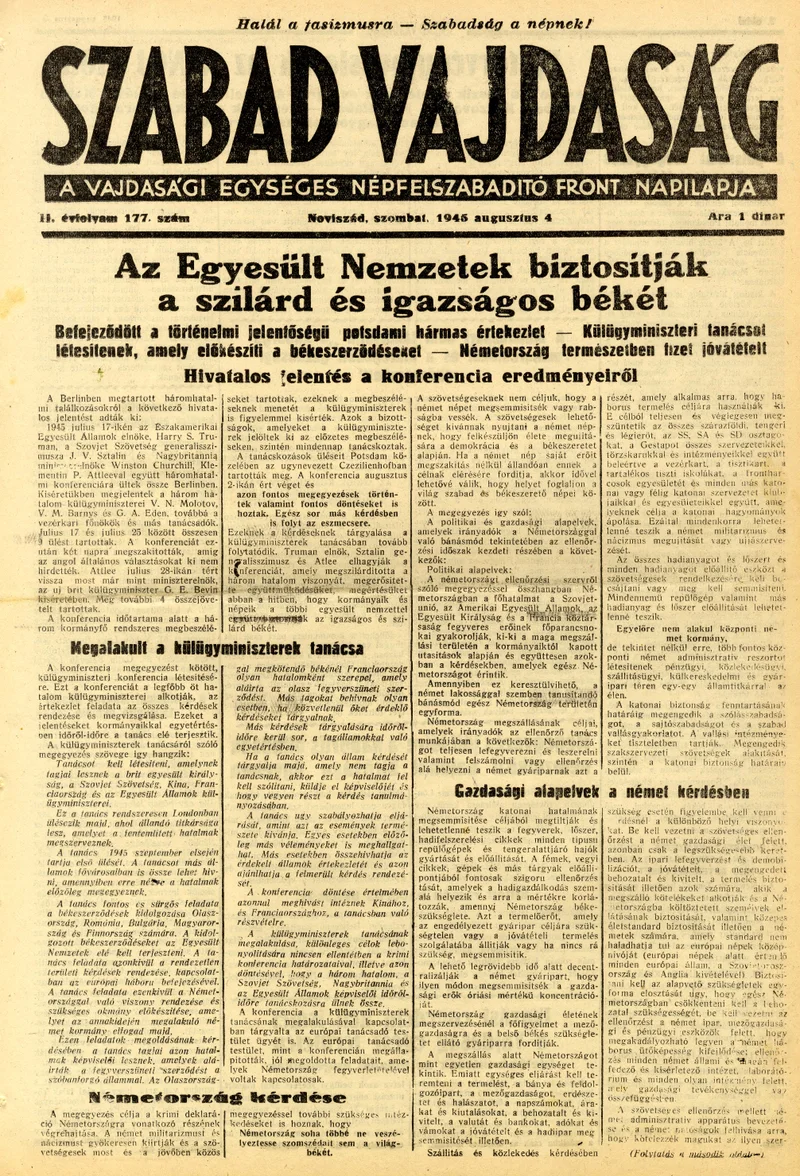 Szabad Vajdaság, 2. évf. 1945. augusztus 4. 177. sz.
