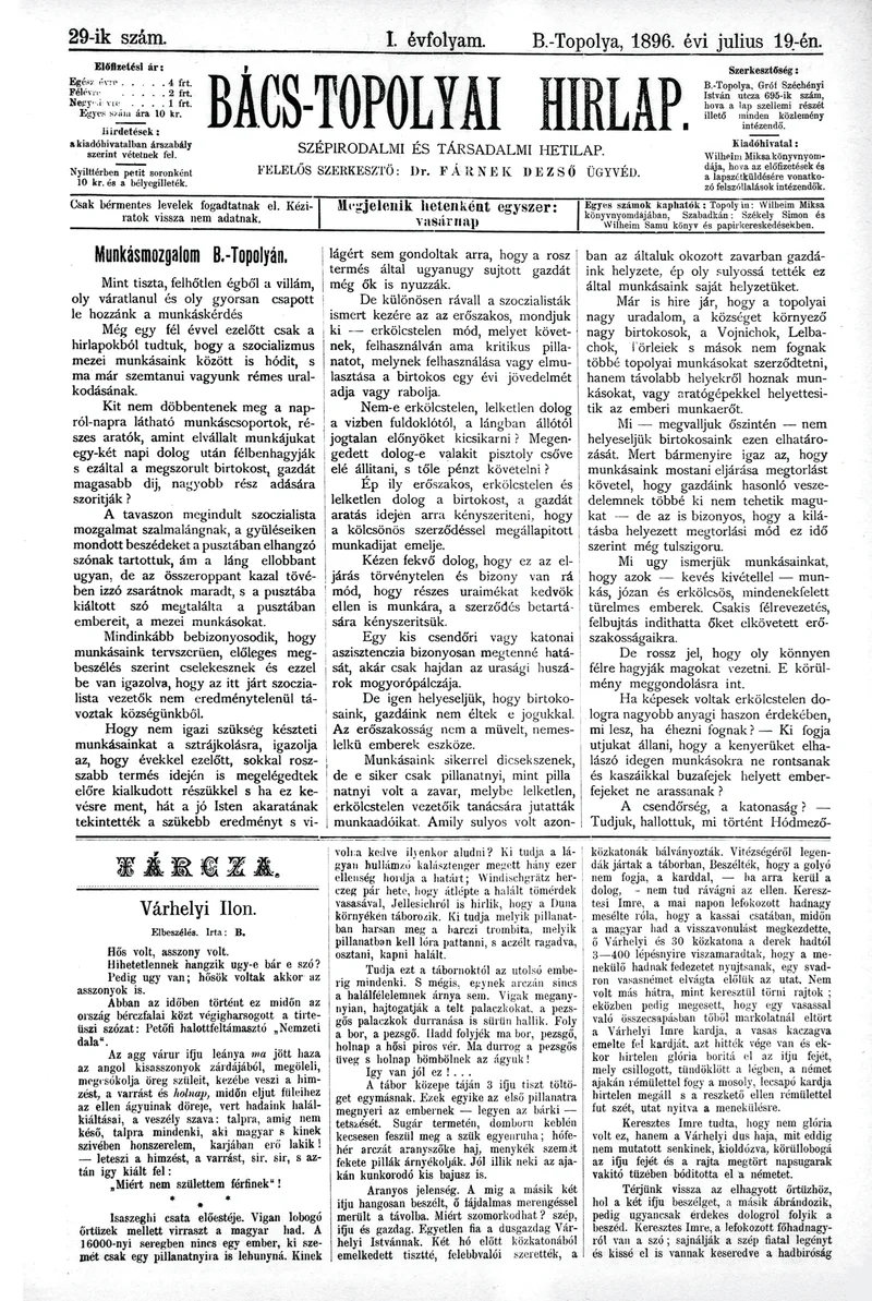 Bács-Topolyai Hirlap, 1. évf. 1896. július 19. 29. sz.
