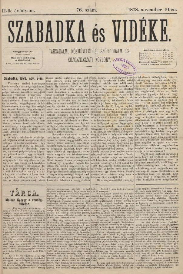 Szabadka és vidéke, 2. évf. 1878. november 10. 76. sz.