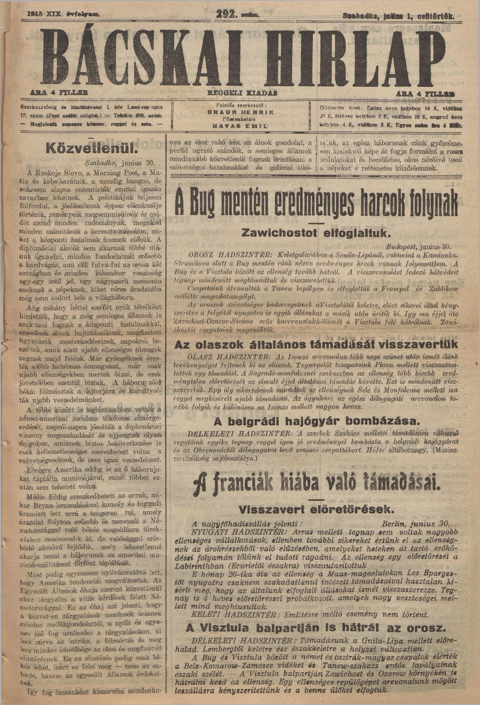 Bácskai Hirlap, 19. évf. 1915. július 1. 292. sz.