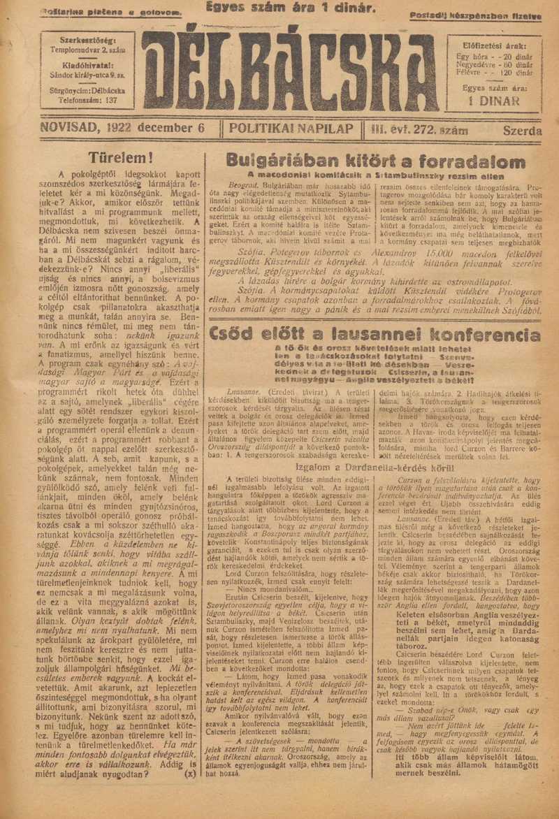 Délbácska, 3. évf. 1922. december 6. 272. sz.