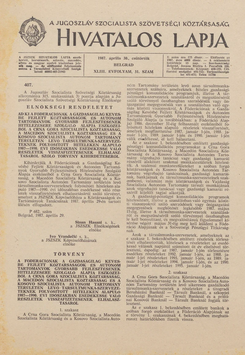 A Jugoszláv Szocialista Szövetségi Köztársaság Hivatalos Lapja, 43. évf. 1987. április 30. 31. sz. 784–804. oldal