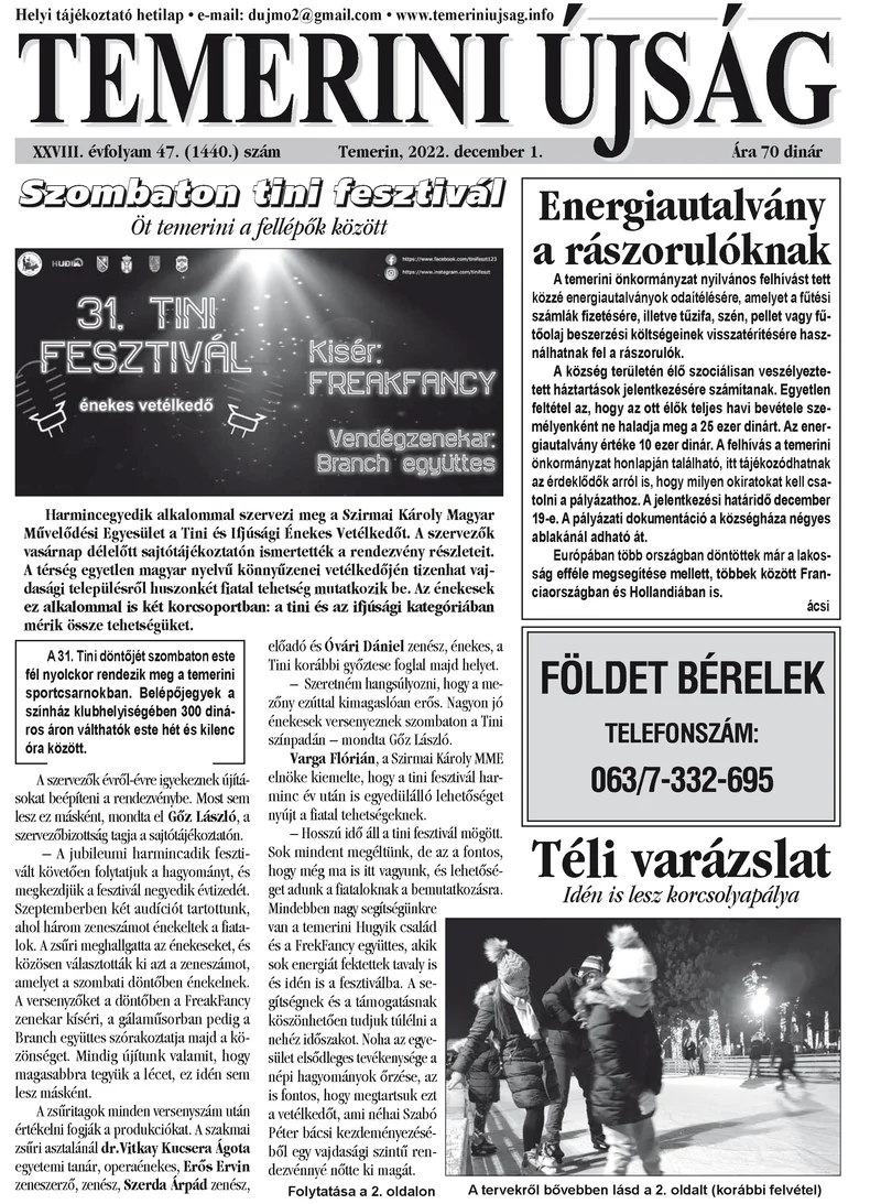 Temerini Újság, 28. évf. 2022. november 1. 47. sz.
