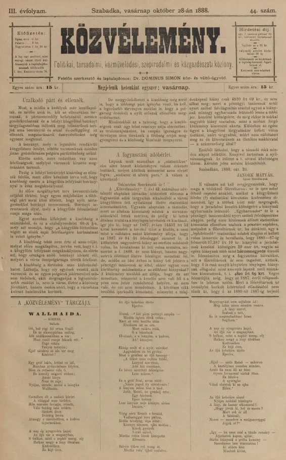 Közvélemény, 3. évf. 1888. október 28. 44. sz.