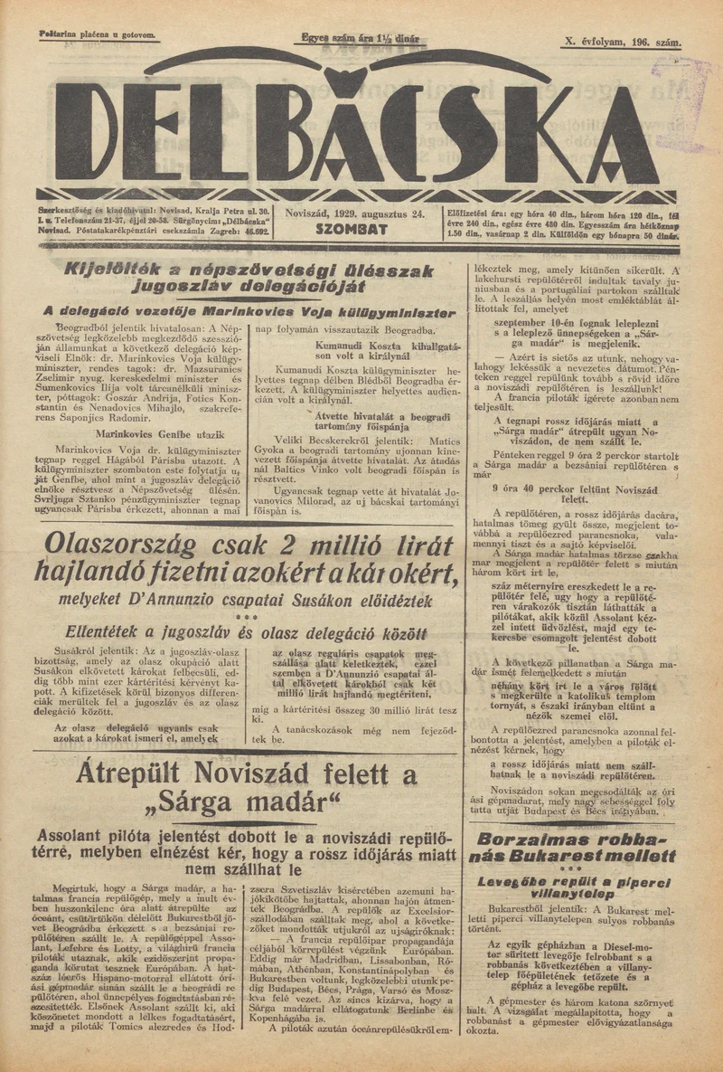 Délbácska, 10. évf. 1929. augusztus 24. 196. sz.
