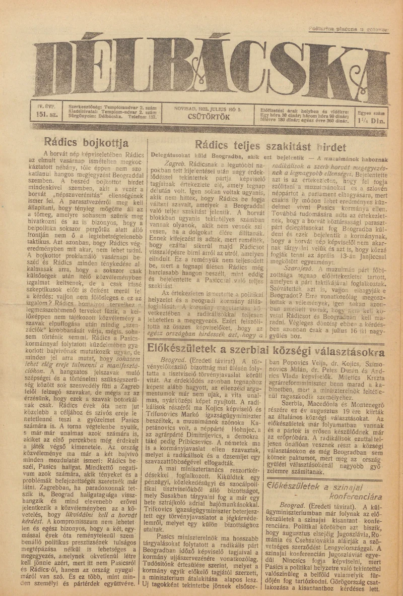 Délbácska, 4. évf. 1923. július 5. 151. sz.