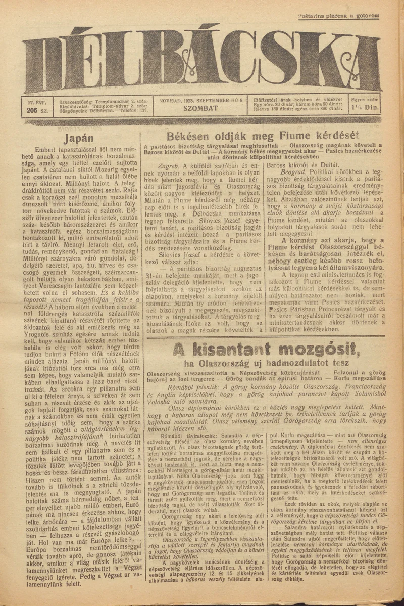 Délbácska, 4. évf. 1923. szeptember 8. 206. sz.