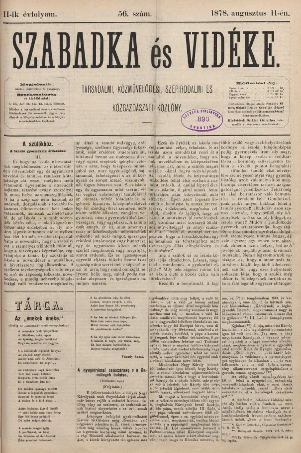 Szabadka és vidéke, 2. évf. 1878. augusztus 11. 56. sz.