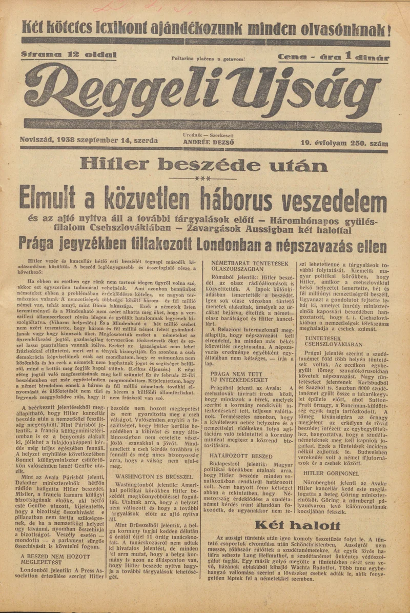 Reggeli Újság, 19. évf. 1938. szeptember 14. 250. sz.