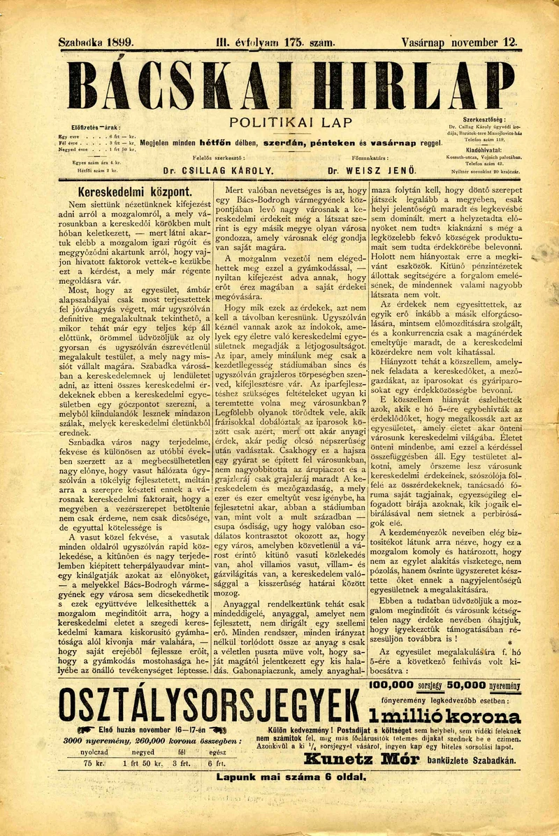 Bácskai Hirlap, 3. évf. 1899. november 12. 175. sz.