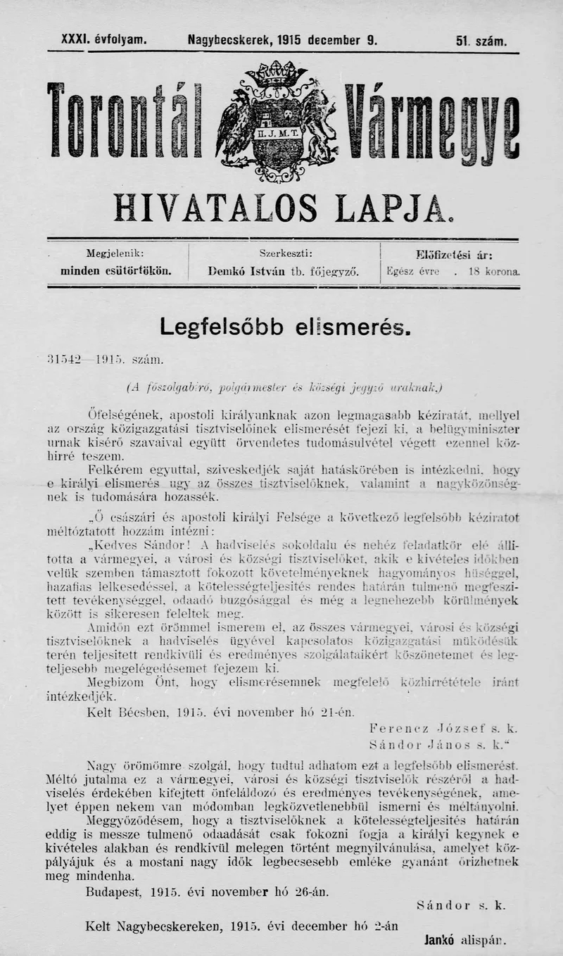 Torontál Vármegye Hivatalos Lapja, 31. évf. 1915. december 9. 51. sz.