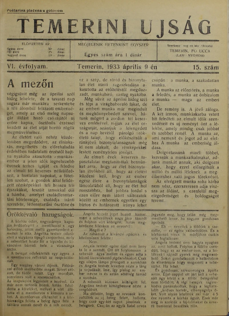 Temerini Újság 1928-1944, 6. évf. 1933. április 9. 15. sz.
