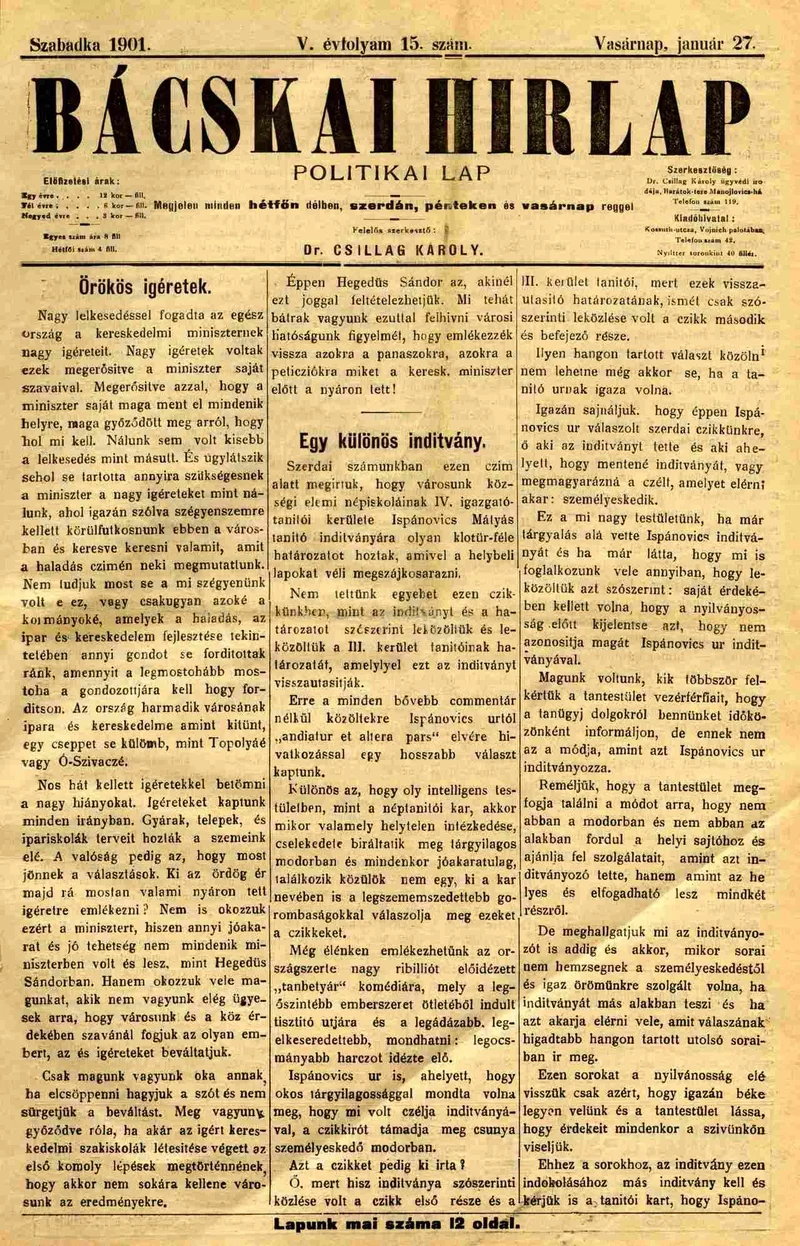 Bácskai Hirlap, 5. évf. 1901. január 27. 15. sz.