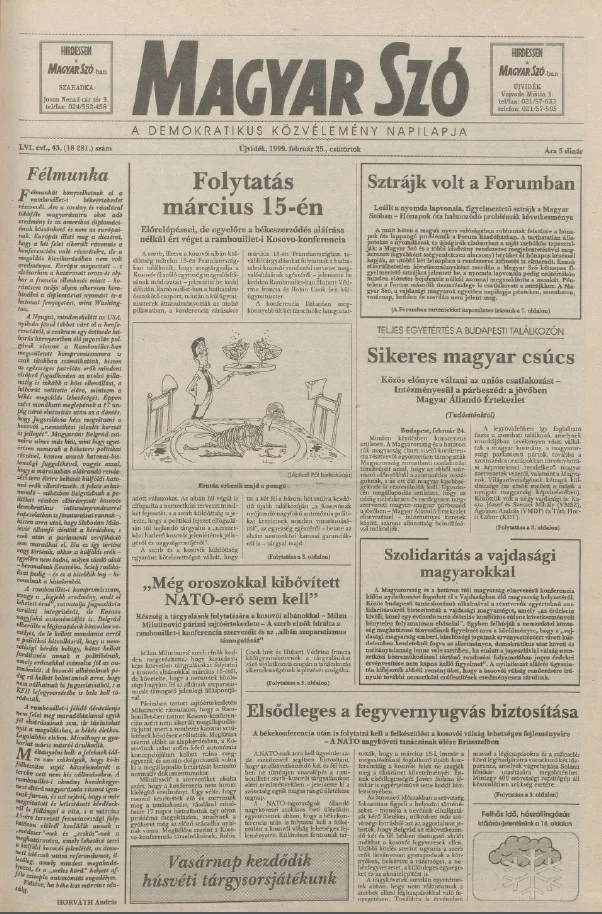 Magyar Szó, 56. évf. 1999. február 25. 43. sz. 1–16. oldal