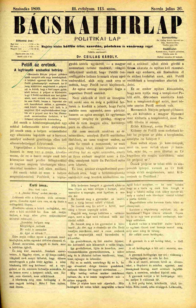 Bácskai Hirlap, 3. évf. 1899. július 26. 113. sz.