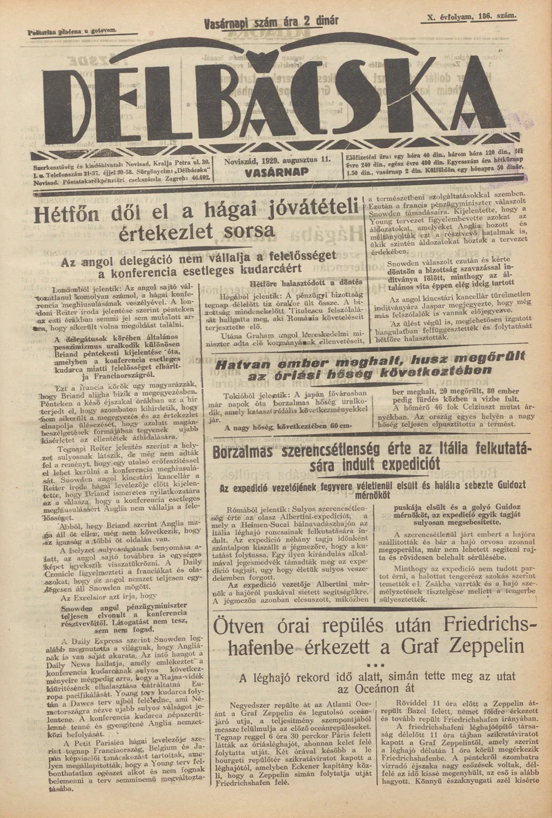 Délbácska, 10. évf. 1929. augusztus 11. 186. sz.