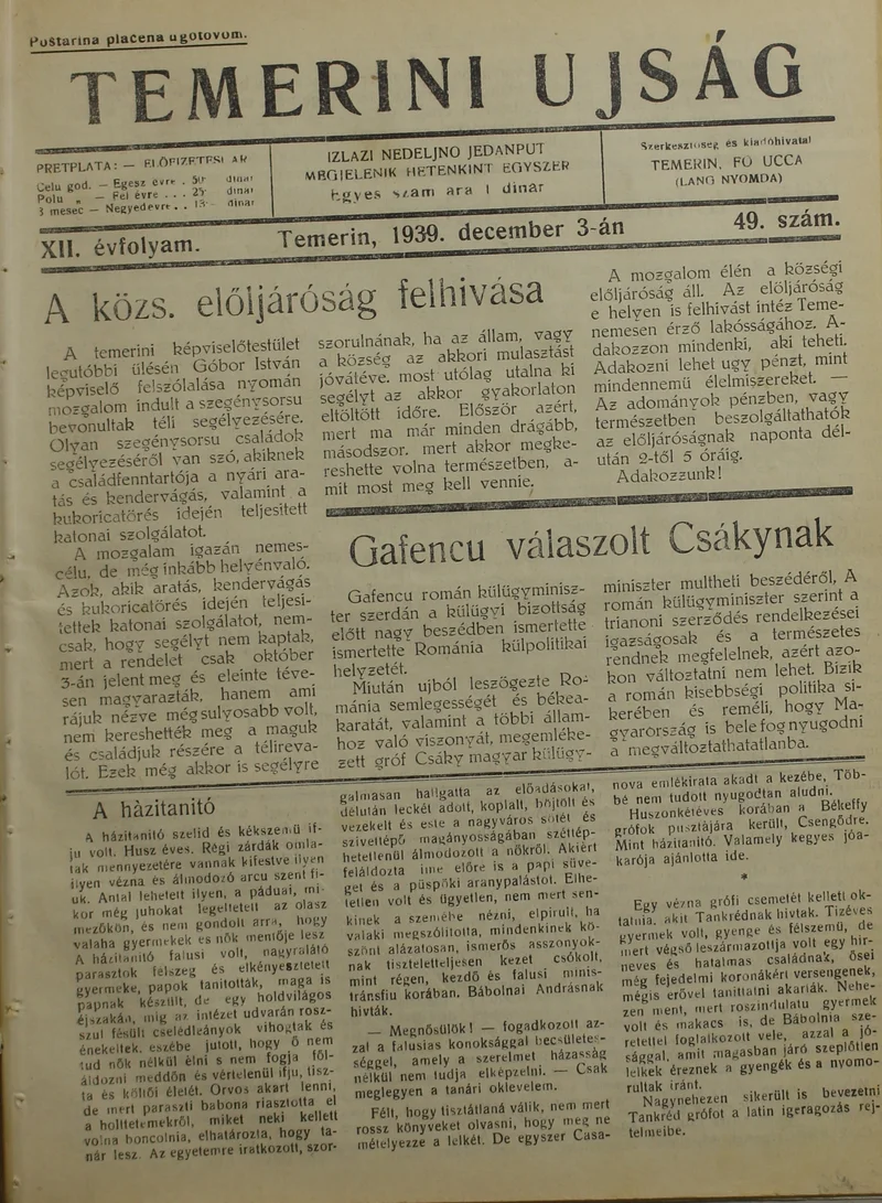 Temerini Újság 1928-1944, 12. évf. 1939. december 3. 49. sz.
