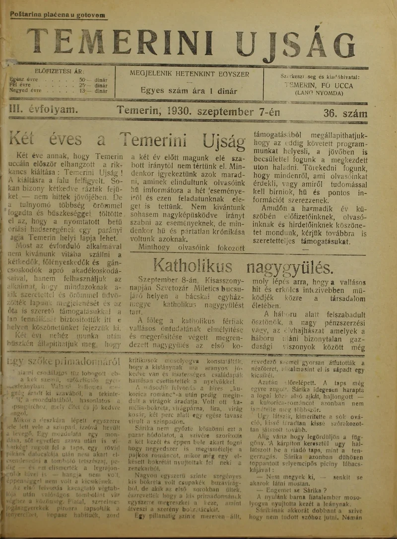 Temerini Újság 1928-1944, 3. évf. 1930. szeptember 7. 36. sz.