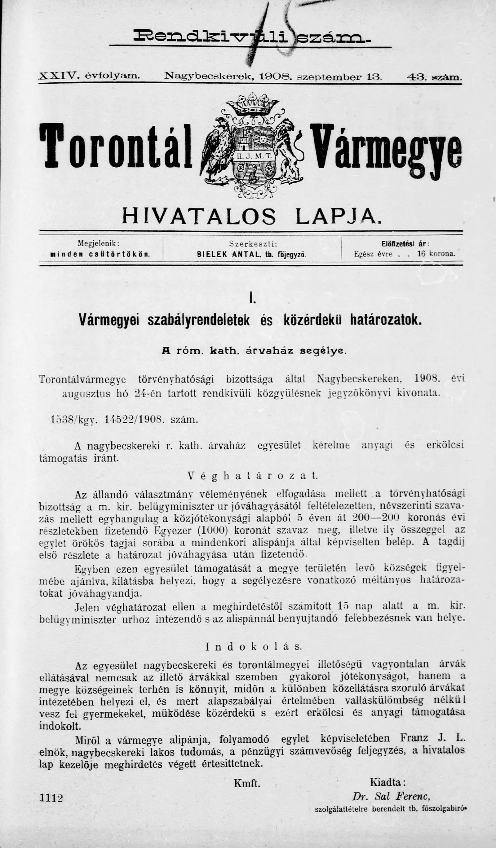 Torontál Vármegye Hivatalos Lapja, 24. évf. 1908. szeptember 13. 43. sz.