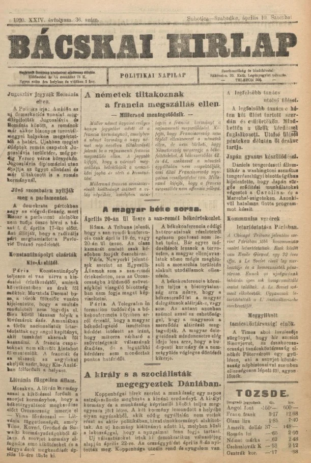 Bácskai Hirlap, 24. évf. 1920. április 10. 36. sz.