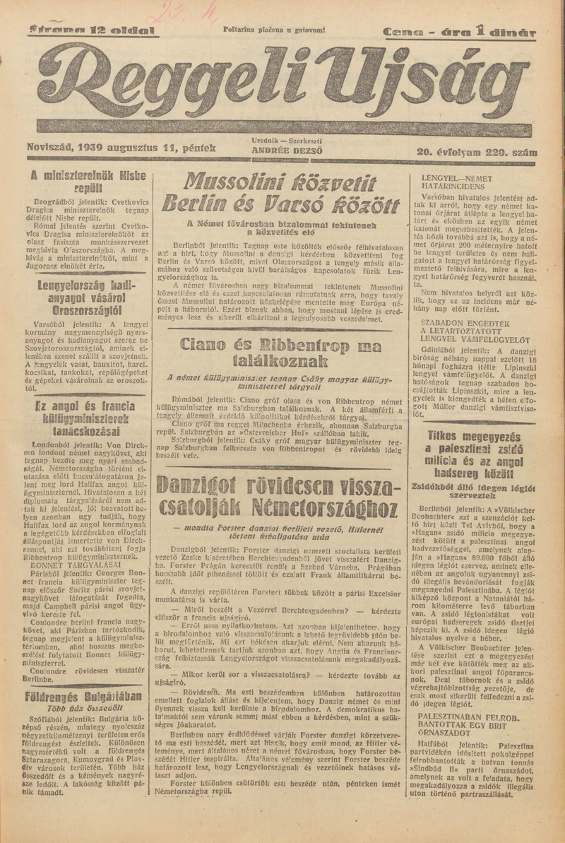 Reggeli Újság, 20. évf. 1939. augusztus 11. 220. sz.