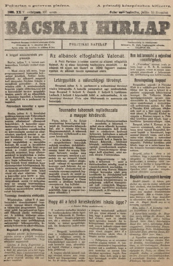 Bácskai Hirlap, 24. évf. 1920. július 10. 107. sz.