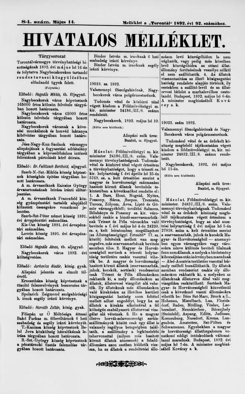 A Totontál  hivatalos melléklete, 5. évf. 1892. május 14. 84. sz.