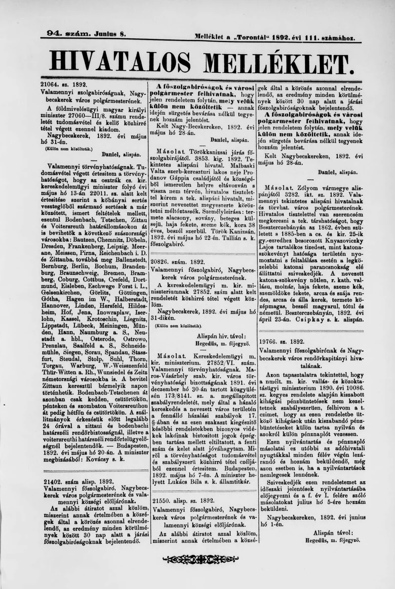 A Totontál  hivatalos melléklete, 5. évf. 1892. június 8. 94. sz.
