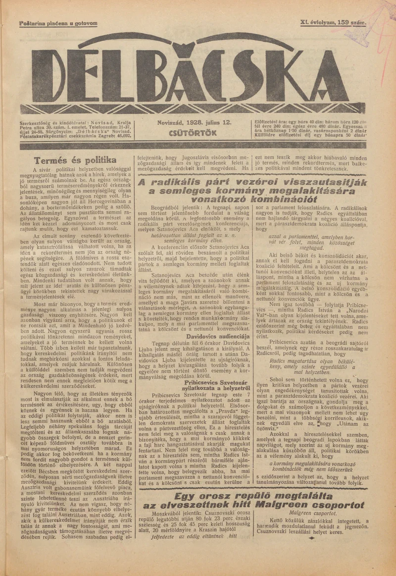 Délbácska, 9. évf. 1928. július 12. 159. sz.