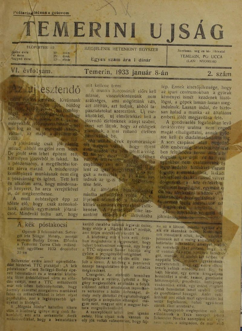 Temerini Újság 1928-1944, 6. évf. 1933. január 8. 2. sz.