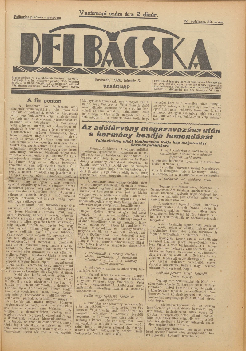 Délbácska, 9. évf. 1928. február 5. 30. sz.