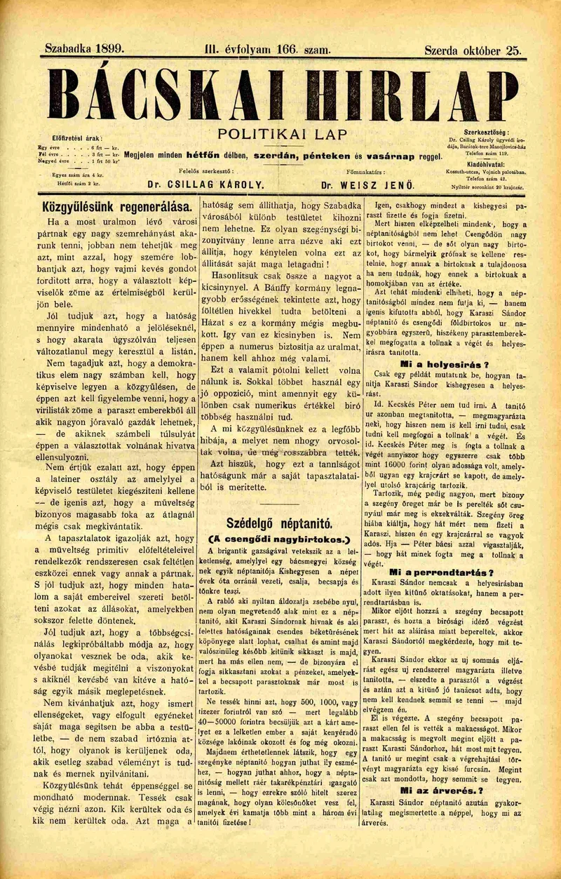 Bácskai Hirlap, 3. évf. 1899. október 25. 166. sz.