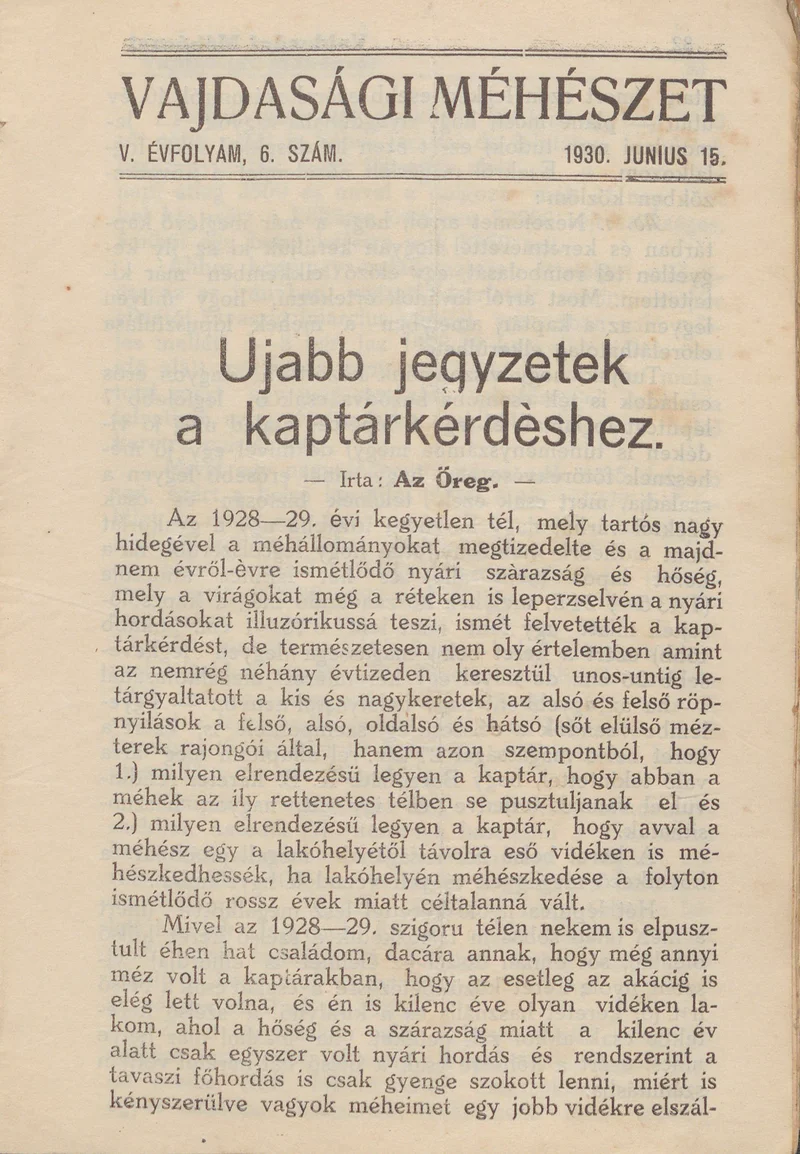 Vajdasági méhészet, 5. évf. 1930. június 15. 6. sz.