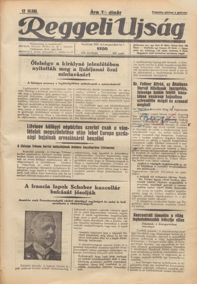 Reggeli Újság, 12. évf. 1931. szeptember 1. 203. sz.