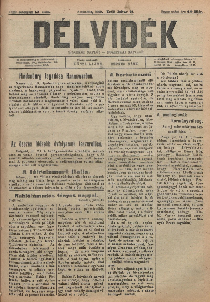 Délvidék, 13. évf. 1919. július 22. 141. sz.