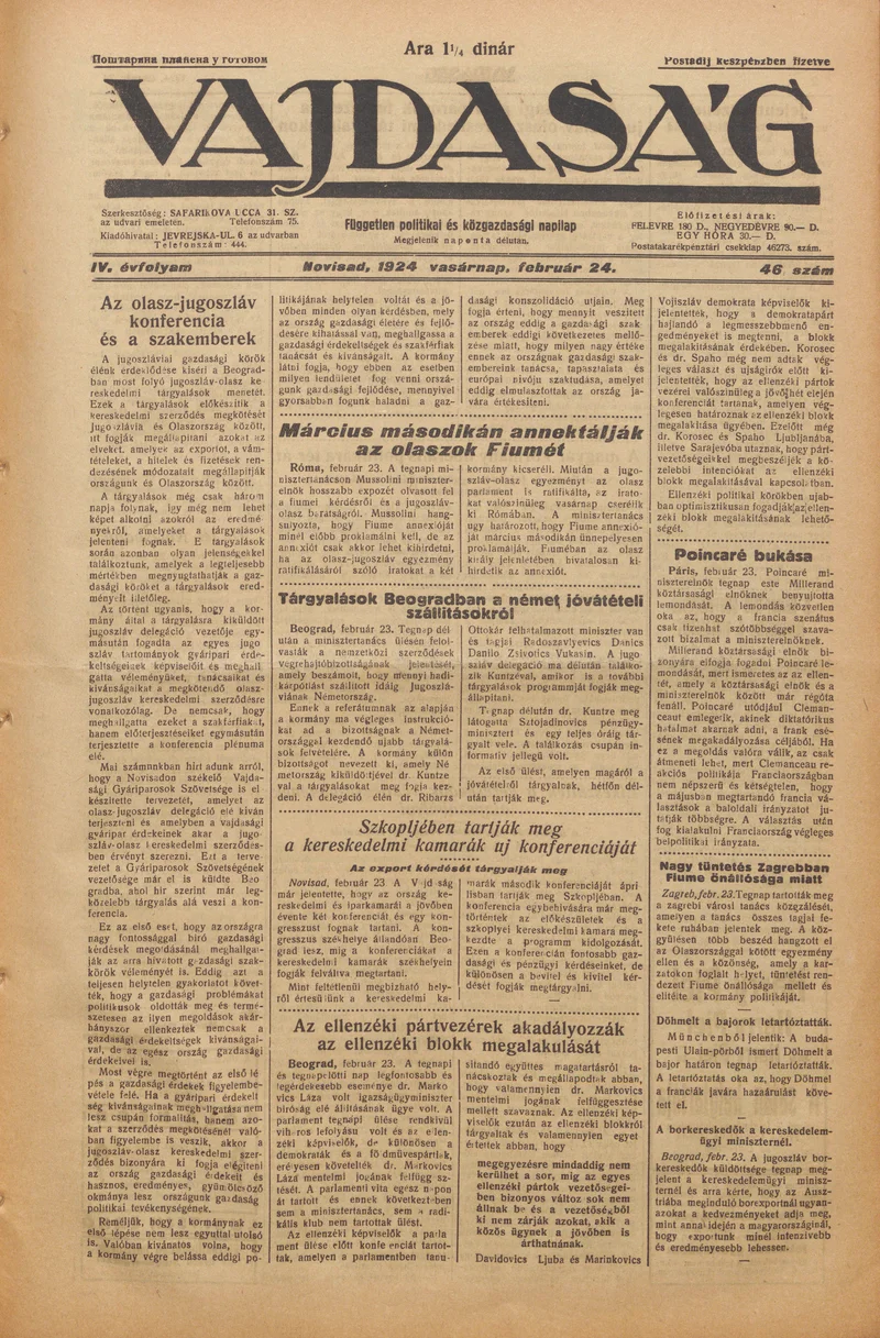 Vajdaság, 4. évf. 1924. február 24. 46. sz.