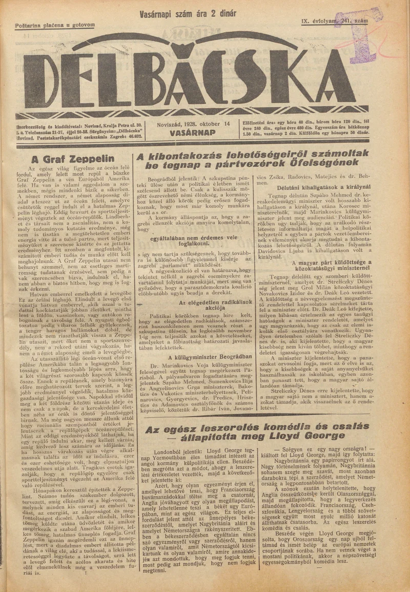 Délbácska, 9. évf. 1928. október 14. 241. sz.