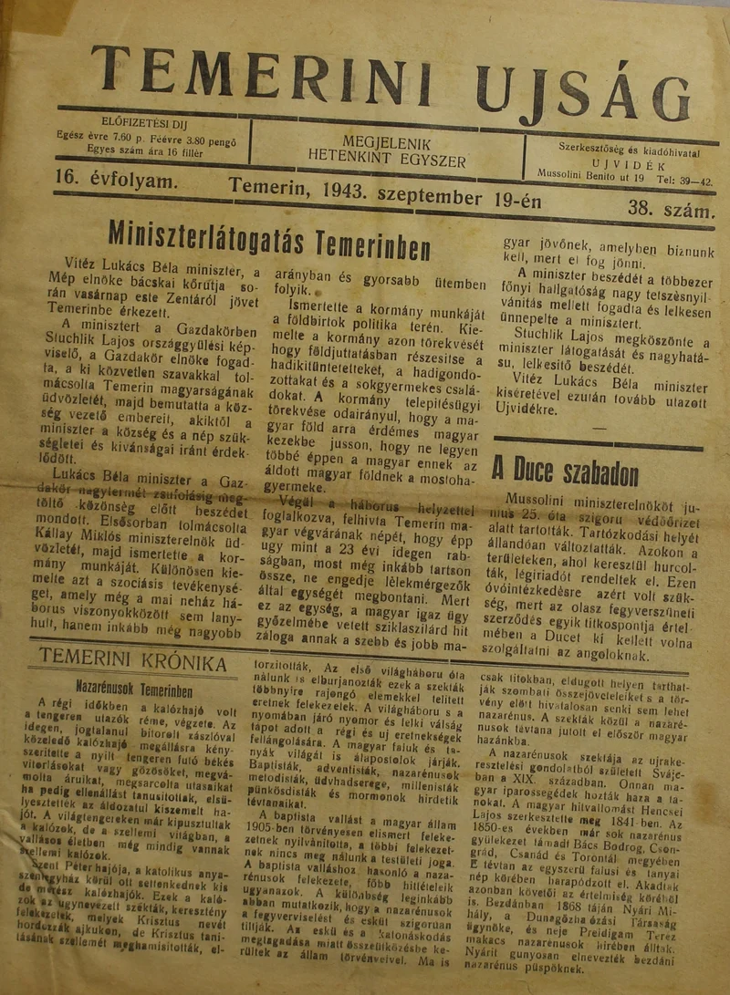 Temerini Újság 1928-1944, 16. évf. 1943. szeptember 19. 38. sz.