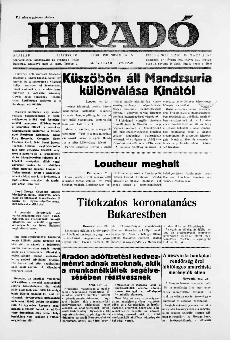 Híradó, 60. évf. 1931. november 24. 272. sz.