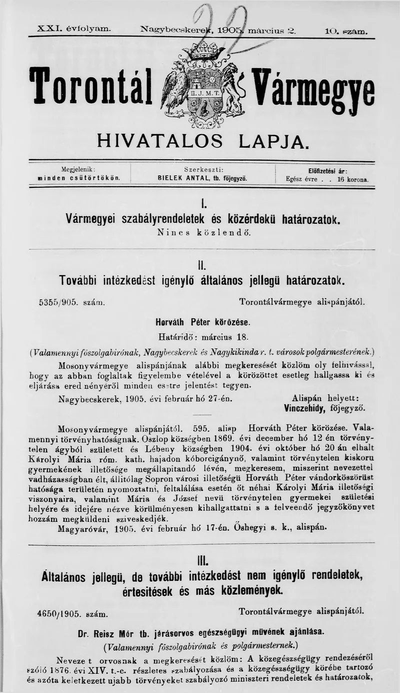 Torontál Vármegye Hivatalos Lapja, 21. évf. 1905. március 2. 10. sz.