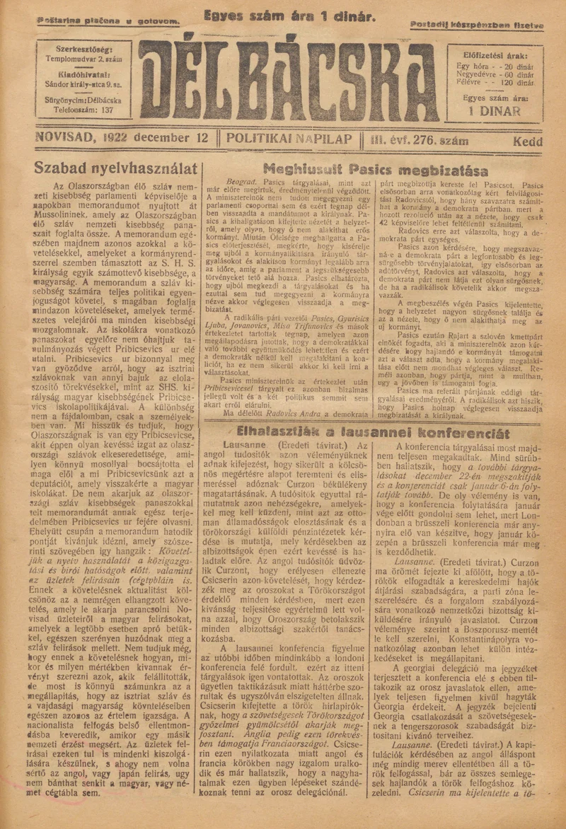Délbácska, 3. évf. 1922. december 12. 276. sz.